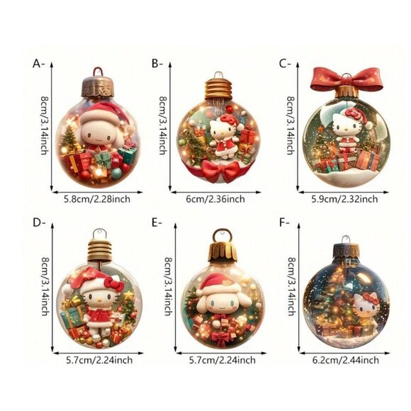 Adorable Hello Kitty Christmas Tree Ornaments 2D 6-Piece Holiday Decoration Set - Picture 2 of 4